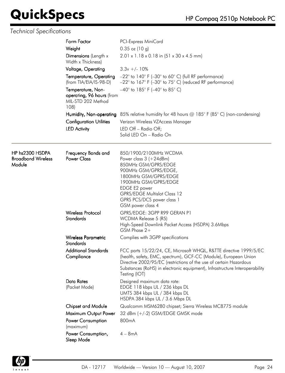 Quickspecs | Compaq 2510p User Manual | Page 24 / 39