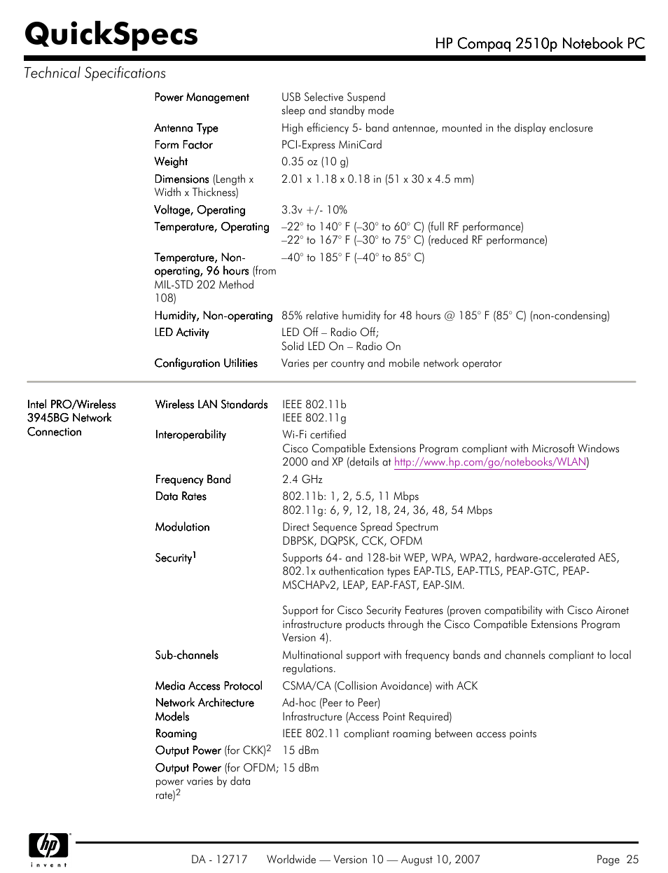 Quickspecs | Compaq 2510p User Manual | Page 25 / 39
