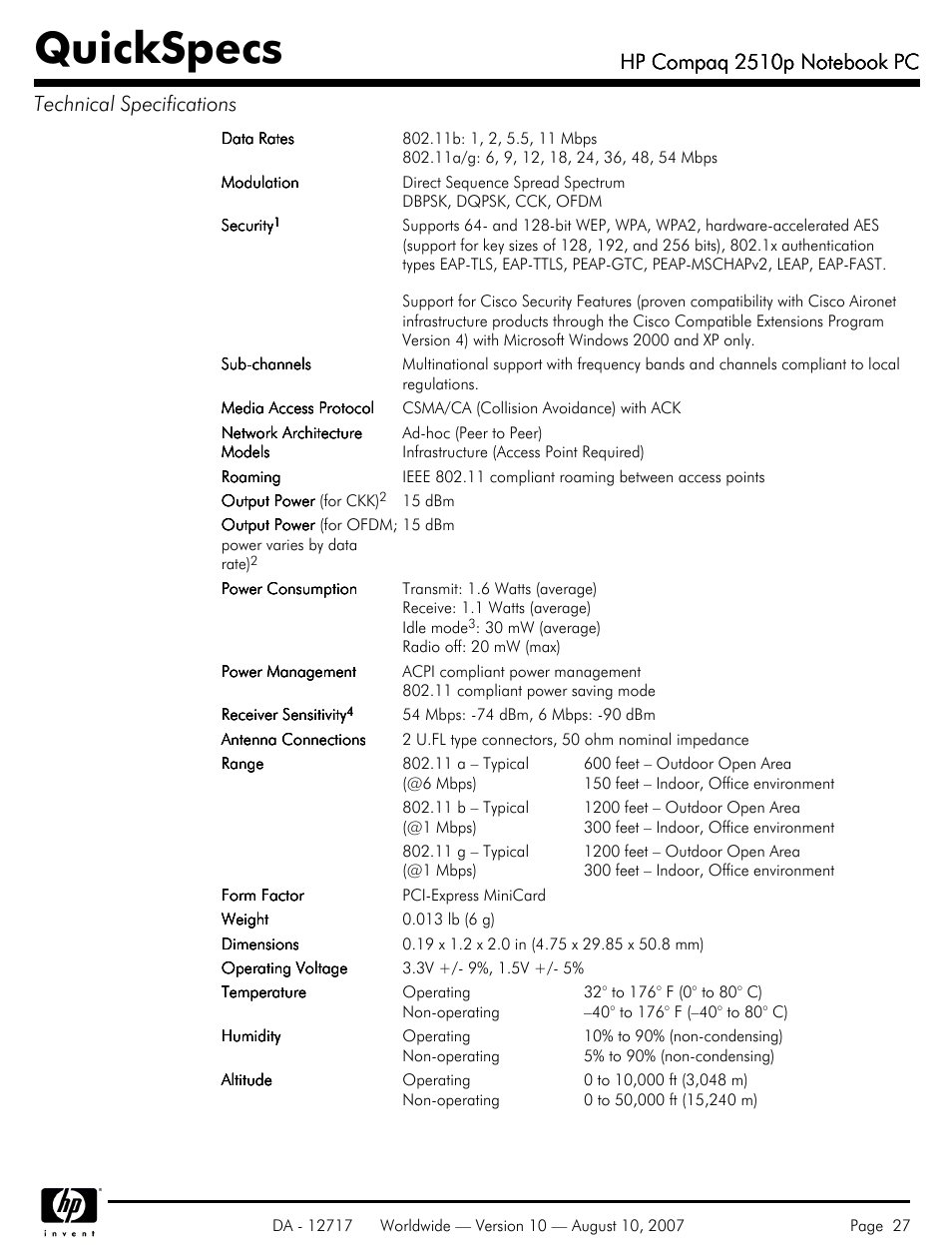 Quickspecs | Compaq 2510p User Manual | Page 27 / 39