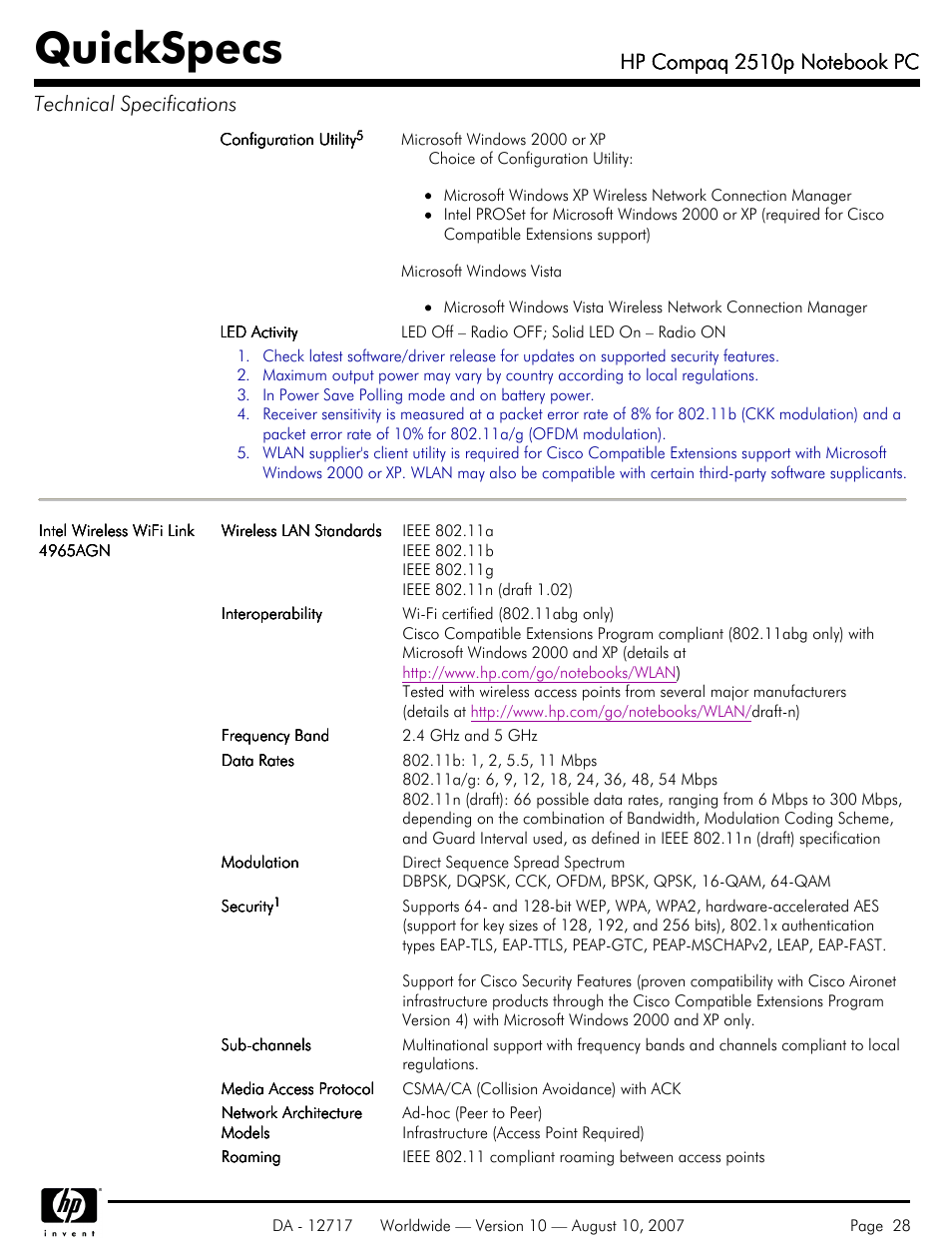 Quickspecs | Compaq 2510p User Manual | Page 28 / 39