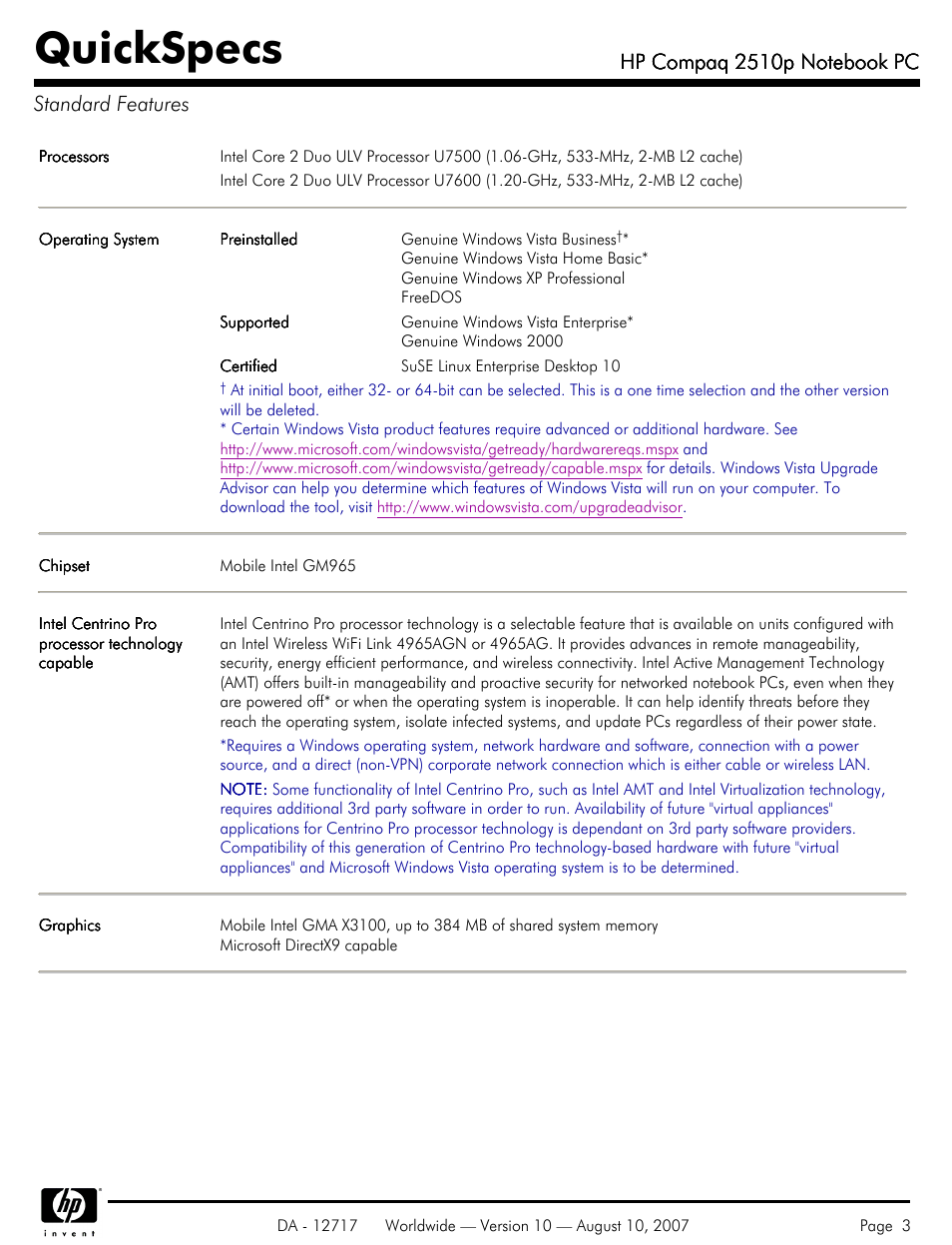 Standard features, Quickspecs | Compaq 2510p User Manual | Page 3 / 39