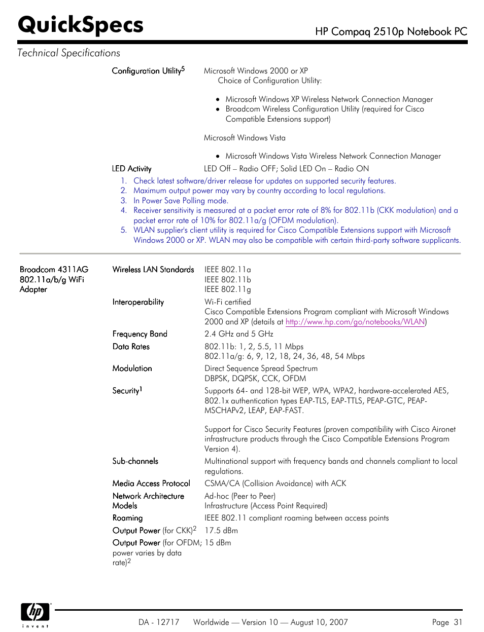 Quickspecs | Compaq 2510p User Manual | Page 31 / 39