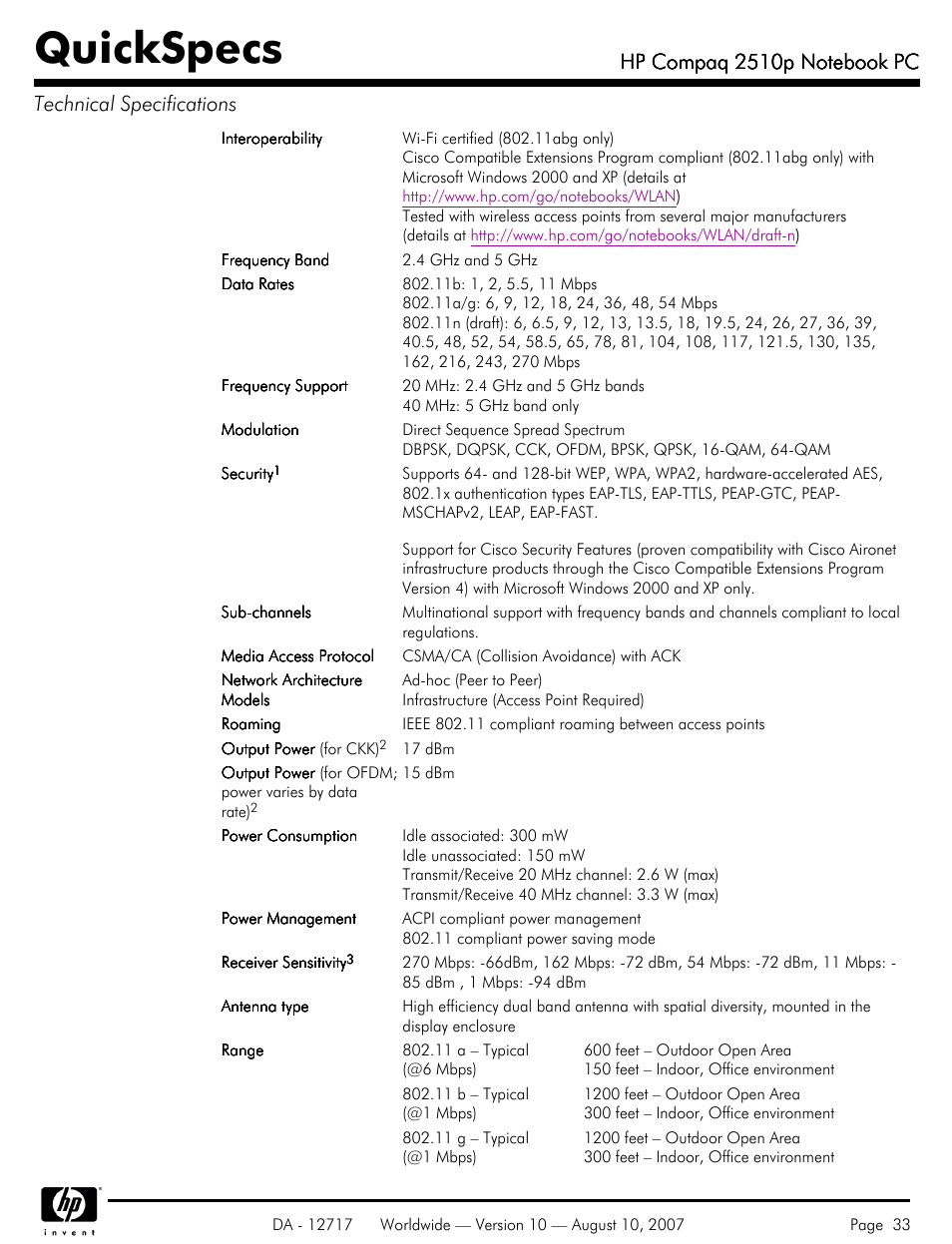 Quickspecs | Compaq 2510p User Manual | Page 33 / 39