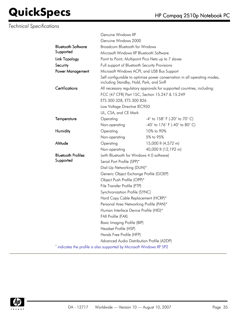 Quickspecs | Compaq 2510p User Manual | Page 35 / 39