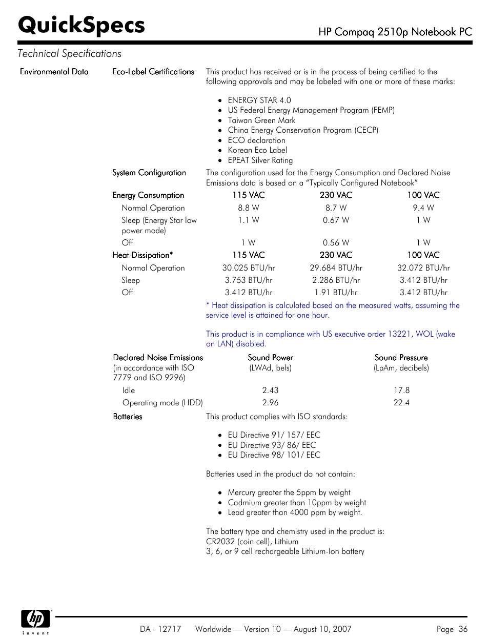 Quickspecs | Compaq 2510p User Manual | Page 36 / 39