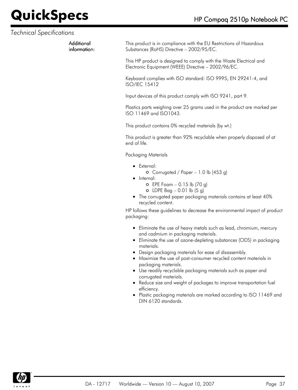 Quickspecs | Compaq 2510p User Manual | Page 37 / 39