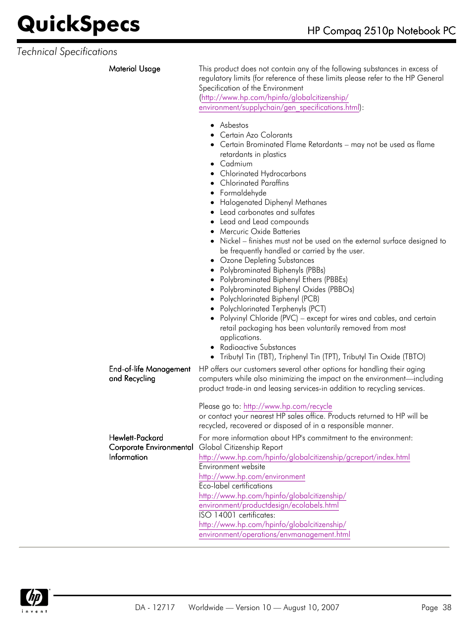 Quickspecs | Compaq 2510p User Manual | Page 38 / 39