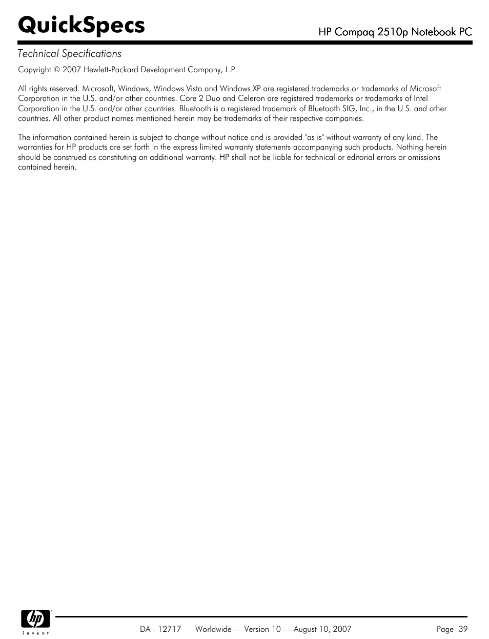 Quickspecs | Compaq 2510p User Manual | Page 39 / 39