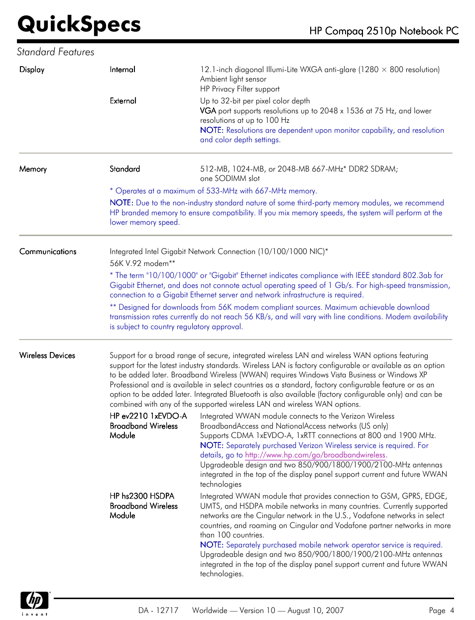 Quickspecs | Compaq 2510p User Manual | Page 4 / 39