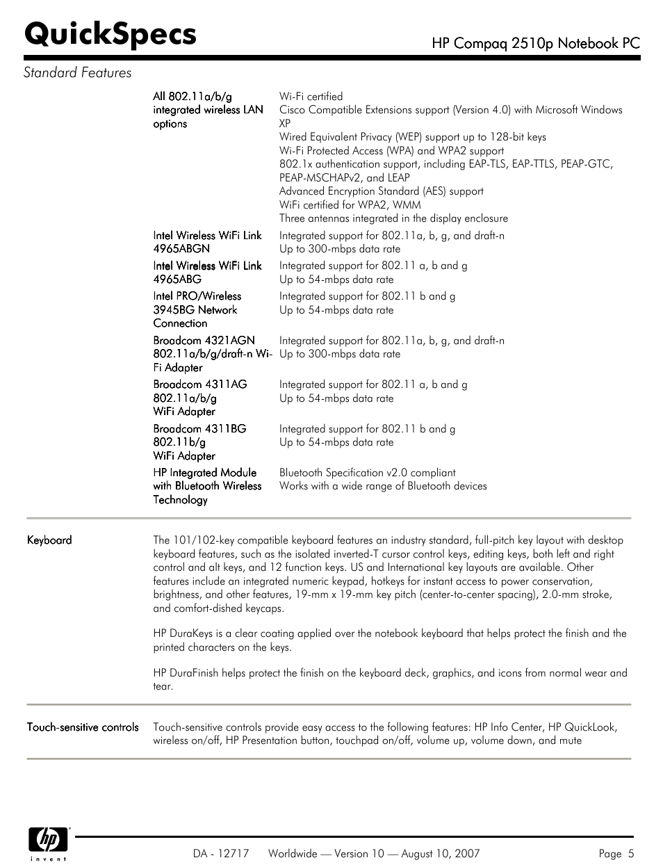 Quickspecs | Compaq 2510p User Manual | Page 5 / 39