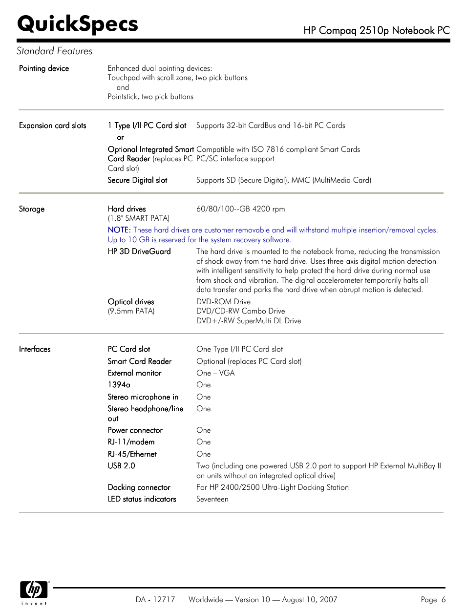 Quickspecs | Compaq 2510p User Manual | Page 6 / 39