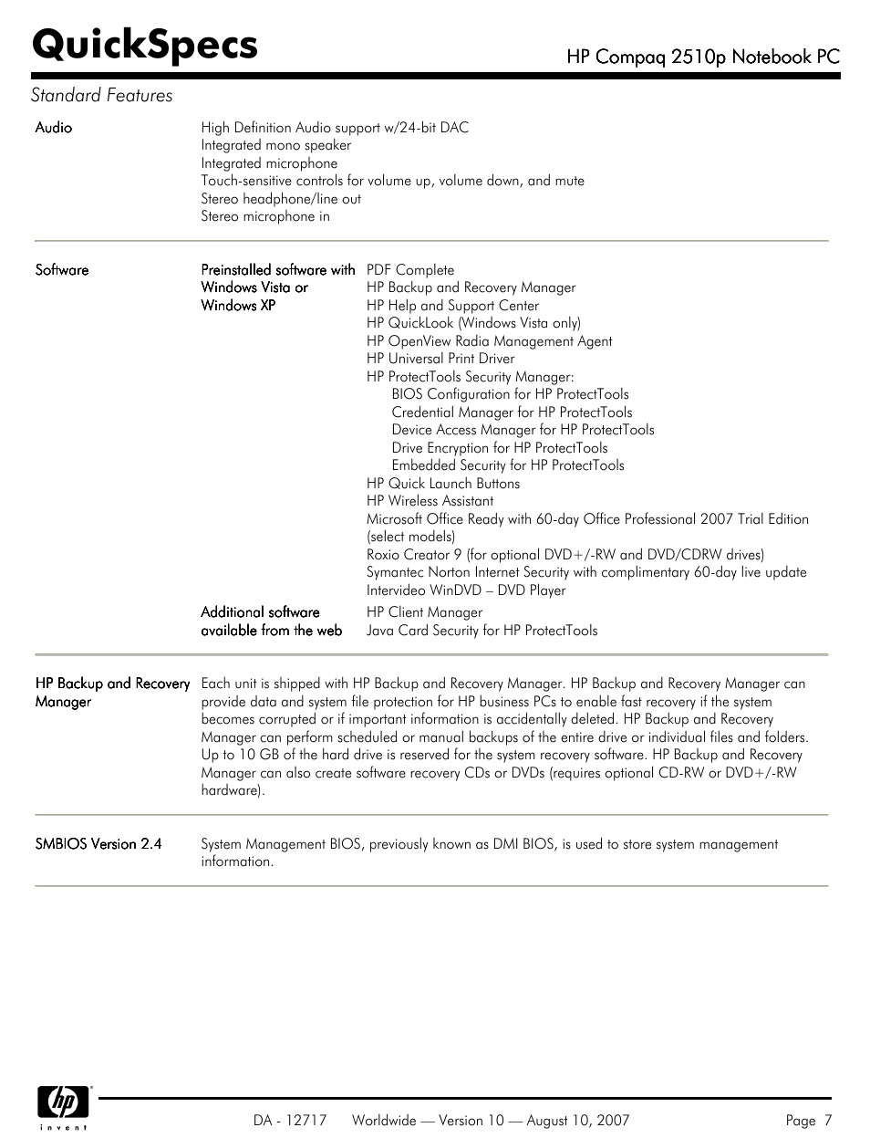 Quickspecs | Compaq 2510p User Manual | Page 7 / 39