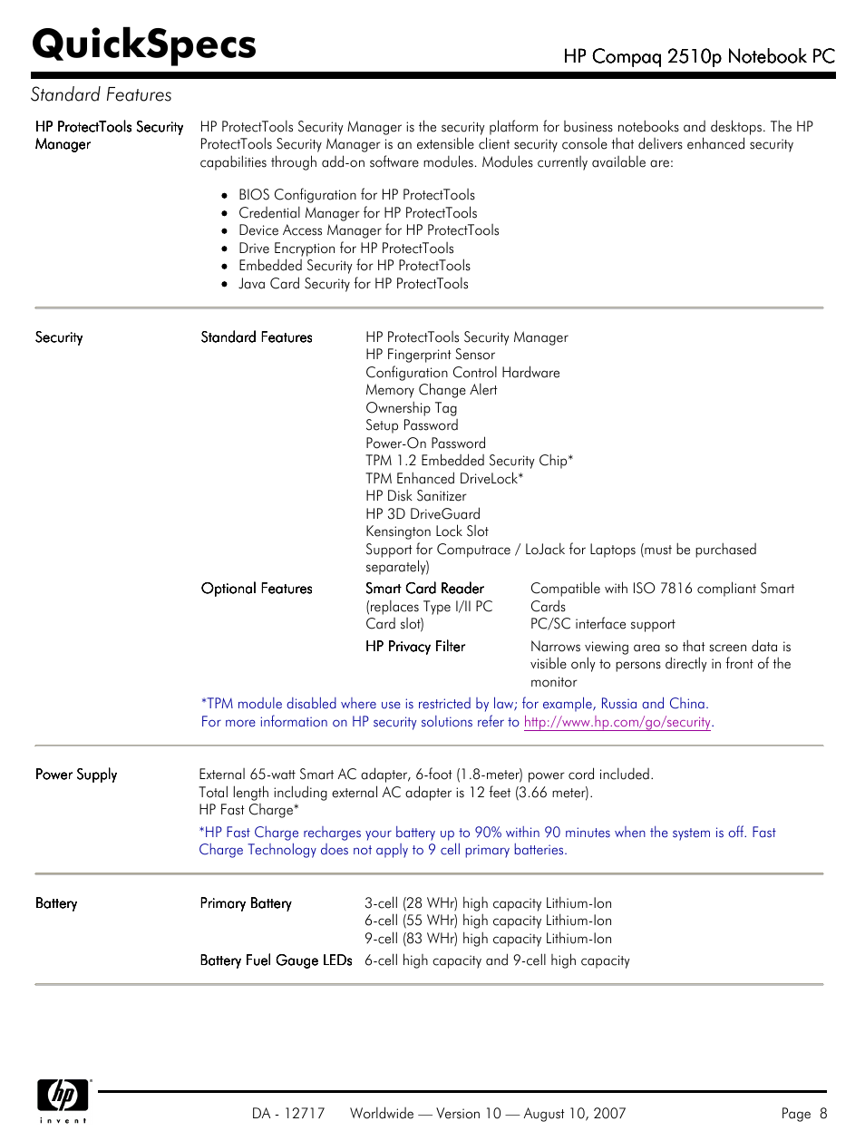 Quickspecs | Compaq 2510p User Manual | Page 8 / 39