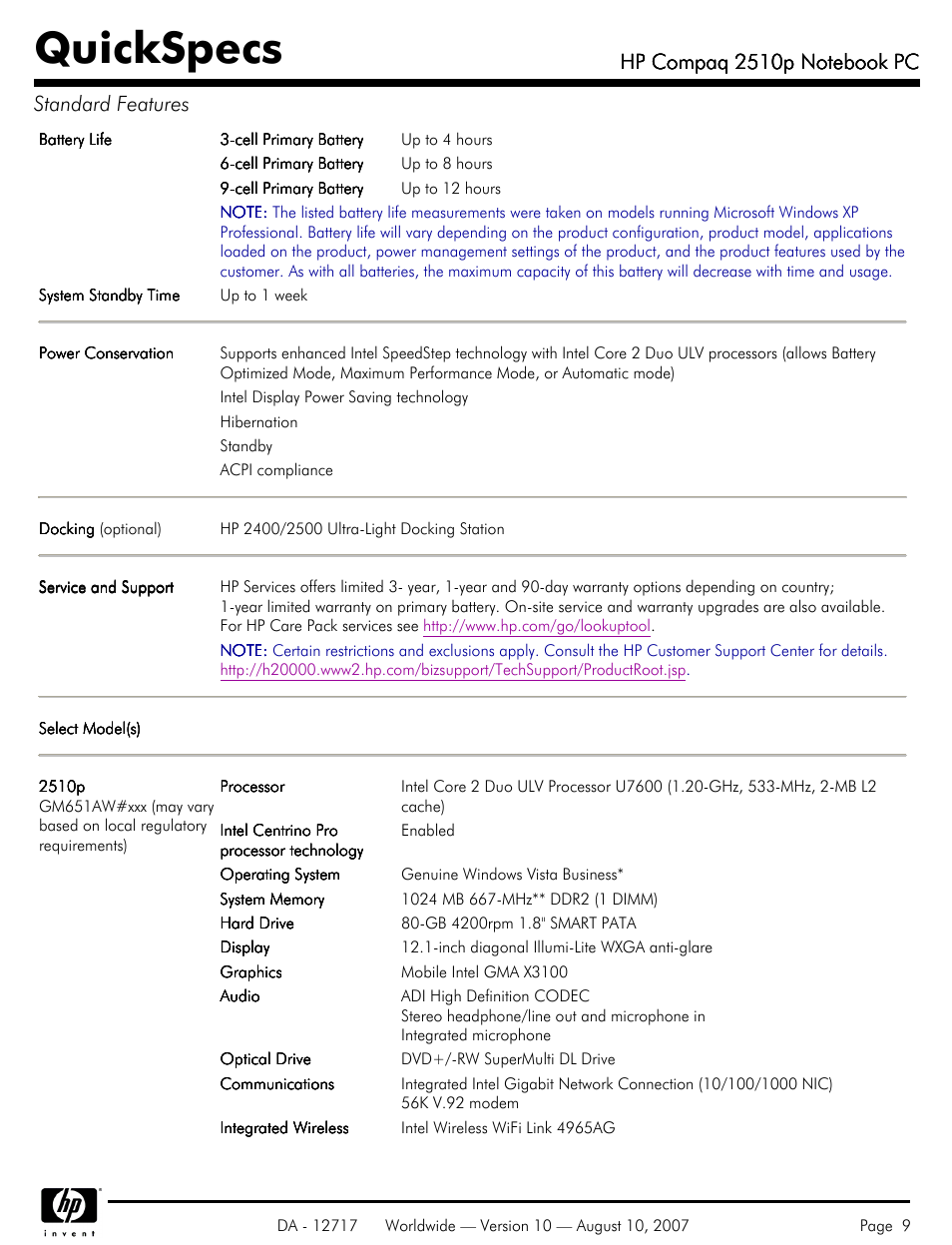 Quickspecs | Compaq 2510p User Manual | Page 9 / 39