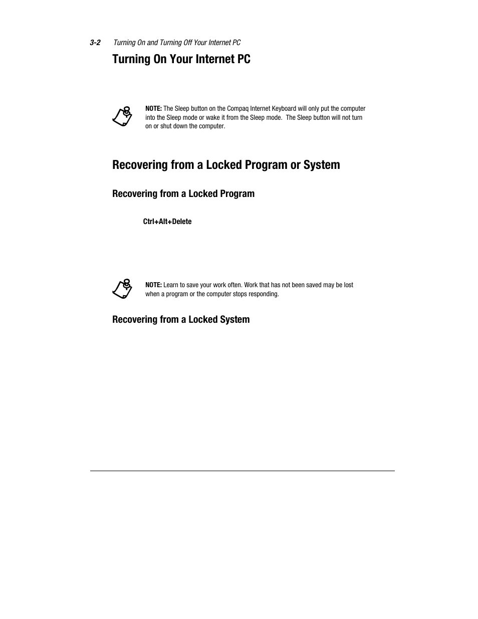 Turning on your internet pc, Recovering from a locked program or system | Compaq Presario 7360 User Manual | Page 23 / 214
