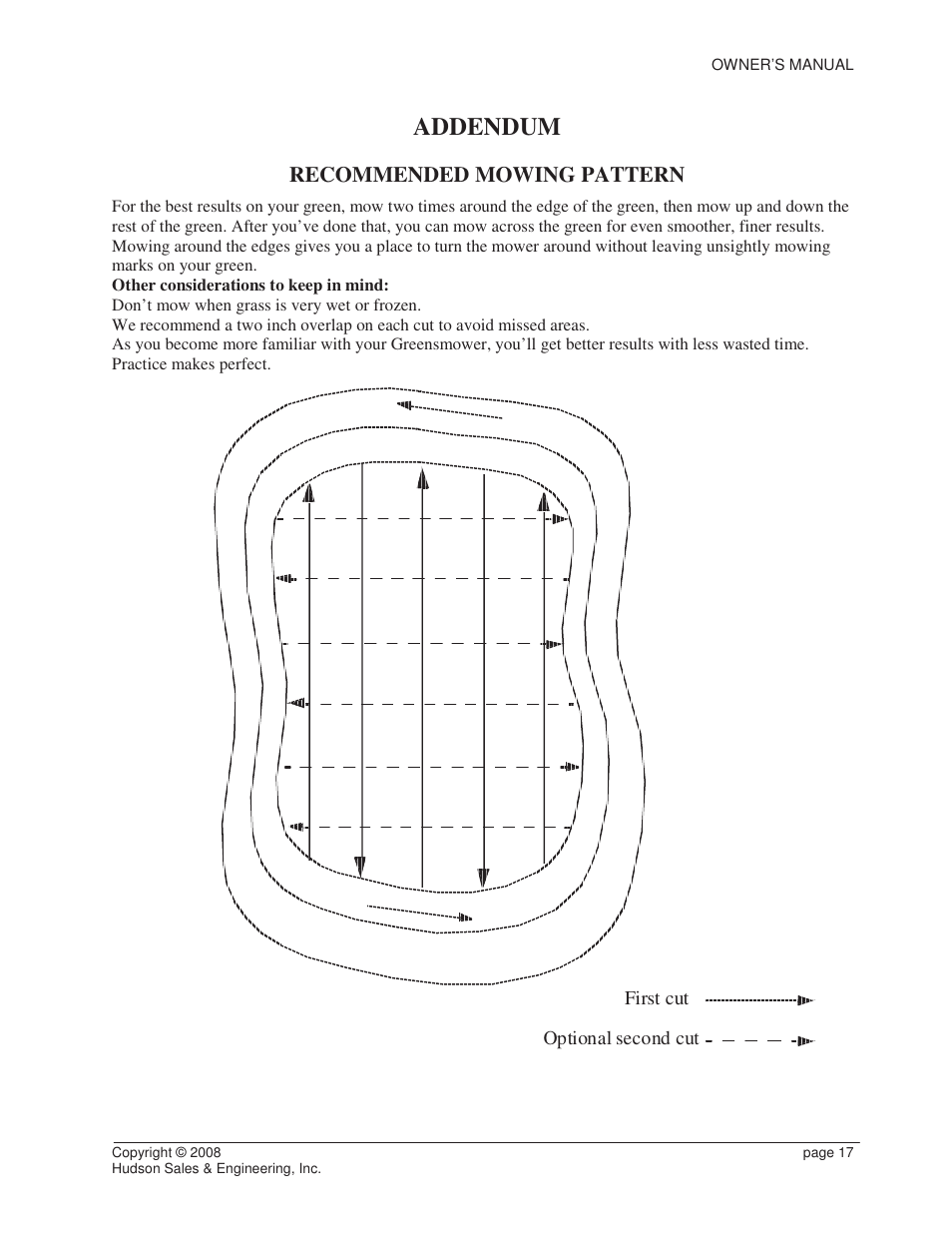 Addendum, Recommended mowing pattern | Reel Mowers HSCC User Manual | Page 17 / 17