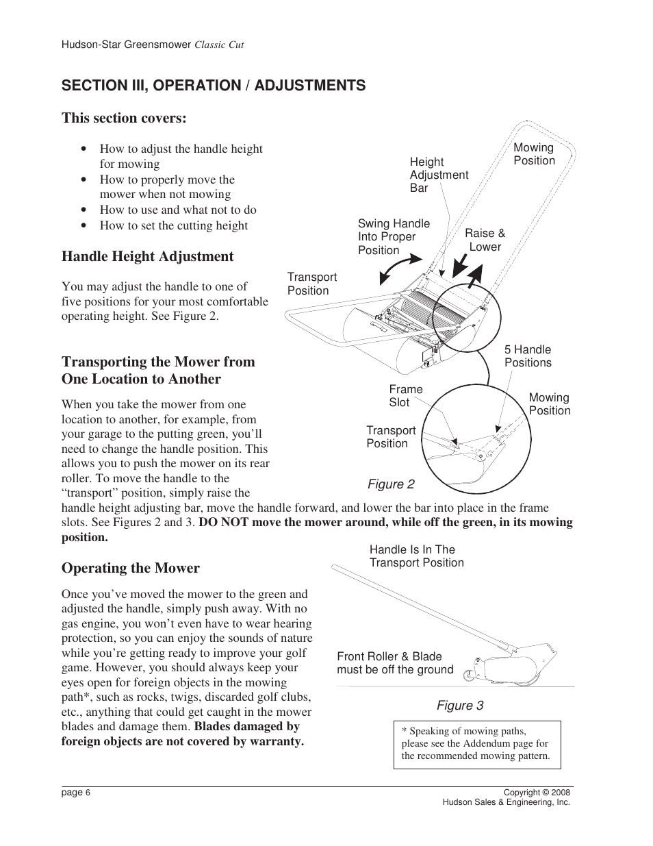Handle height adjustment, Operating the mower | Reel Mowers HSCC User Manual | Page 6 / 17