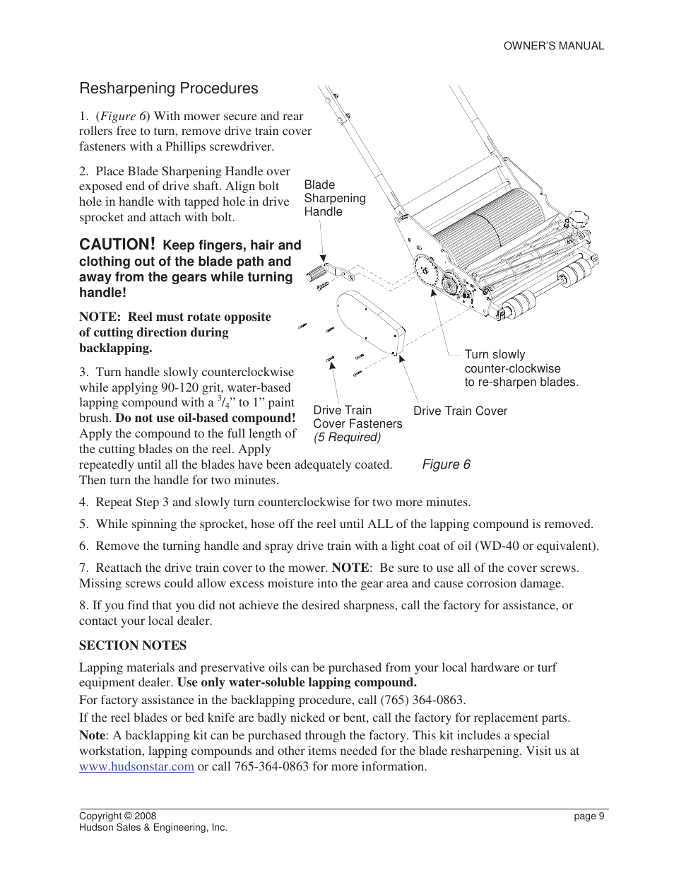 Resharpening procedures, Caution | Reel Mowers HSCC User Manual | Page 9 / 17