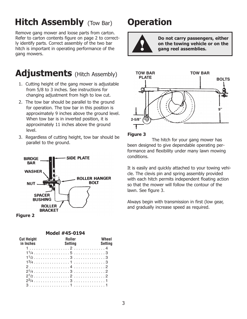 Adjustments, Hitch assembly, Operation | Hitch assembly), Tow bar) | Reel Mowers F-358 User Manual | Page 3 / 8