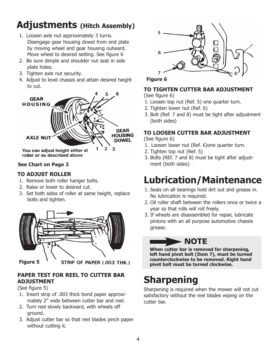 Lubrication/maintenance, Sharpening, Adjustments | Reel Mowers F-358 User Manual | Page 4 / 8