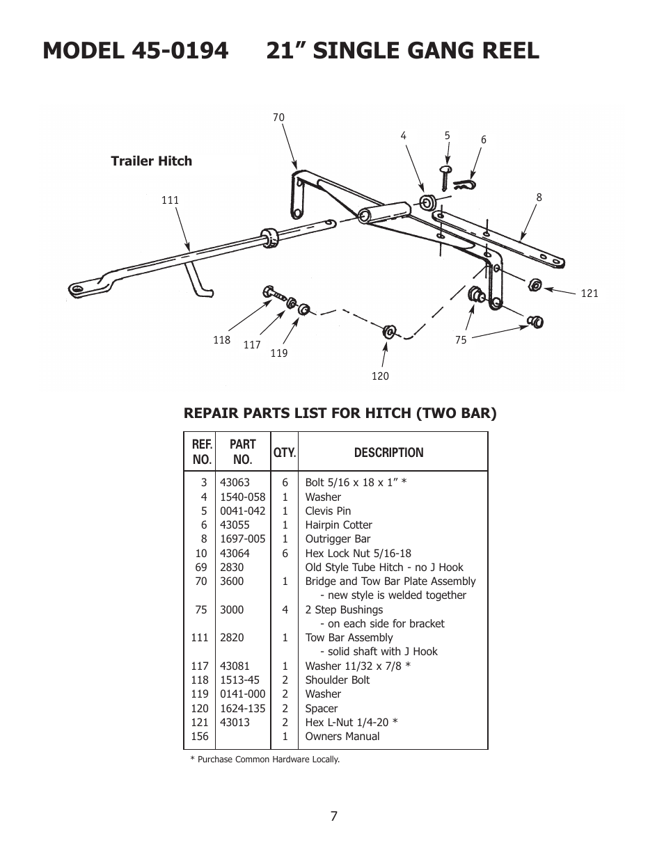 Repair parts list for hitch (two bar) | Reel Mowers F-358 User Manual | Page 7 / 8