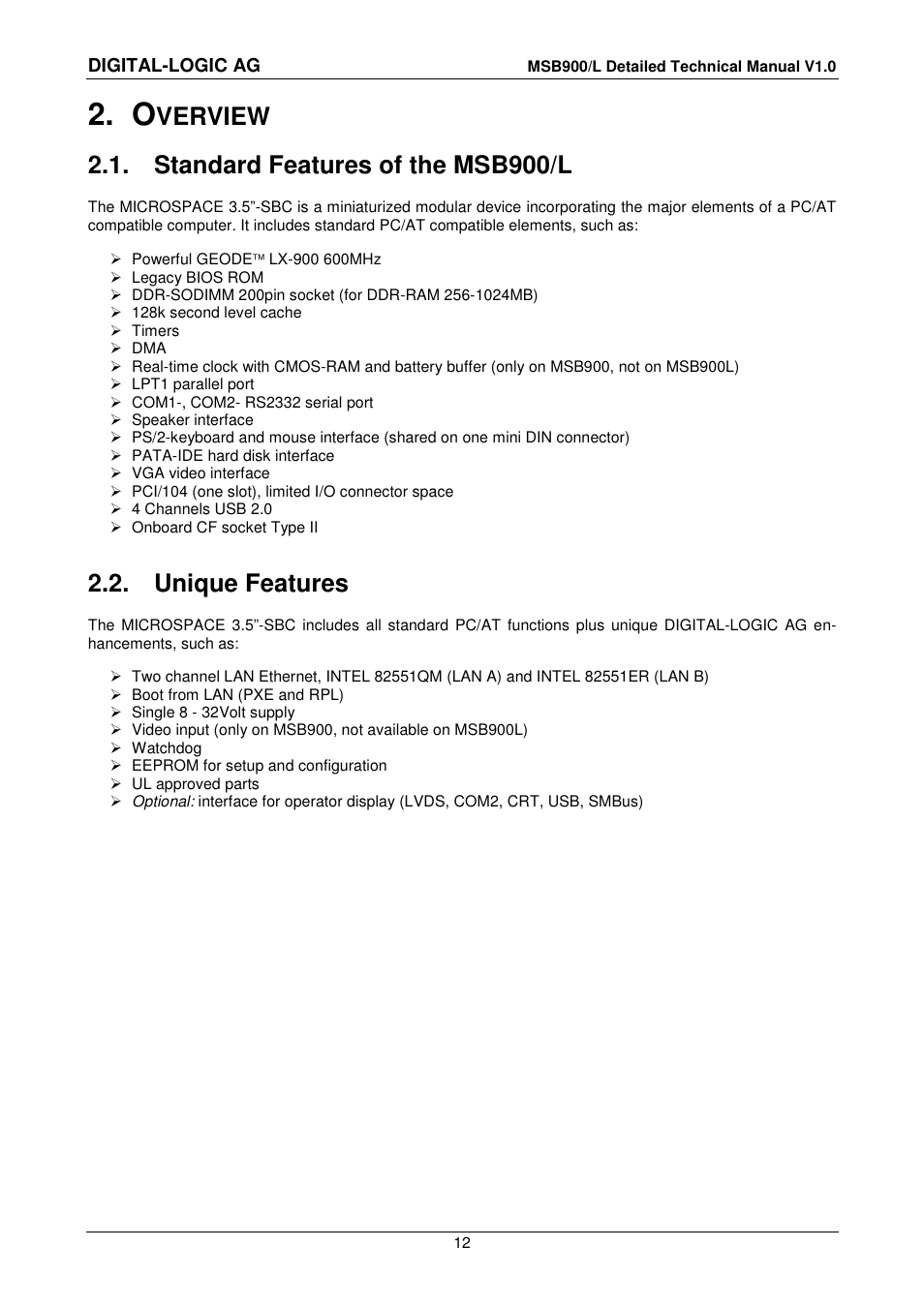 2 overview, 1 standard features of the msb900/l, 2 unique features | Overview, Standard features of the msb900/l, Unique features, Verview | Compaq MSB900 User Manual | Page 12 / 66