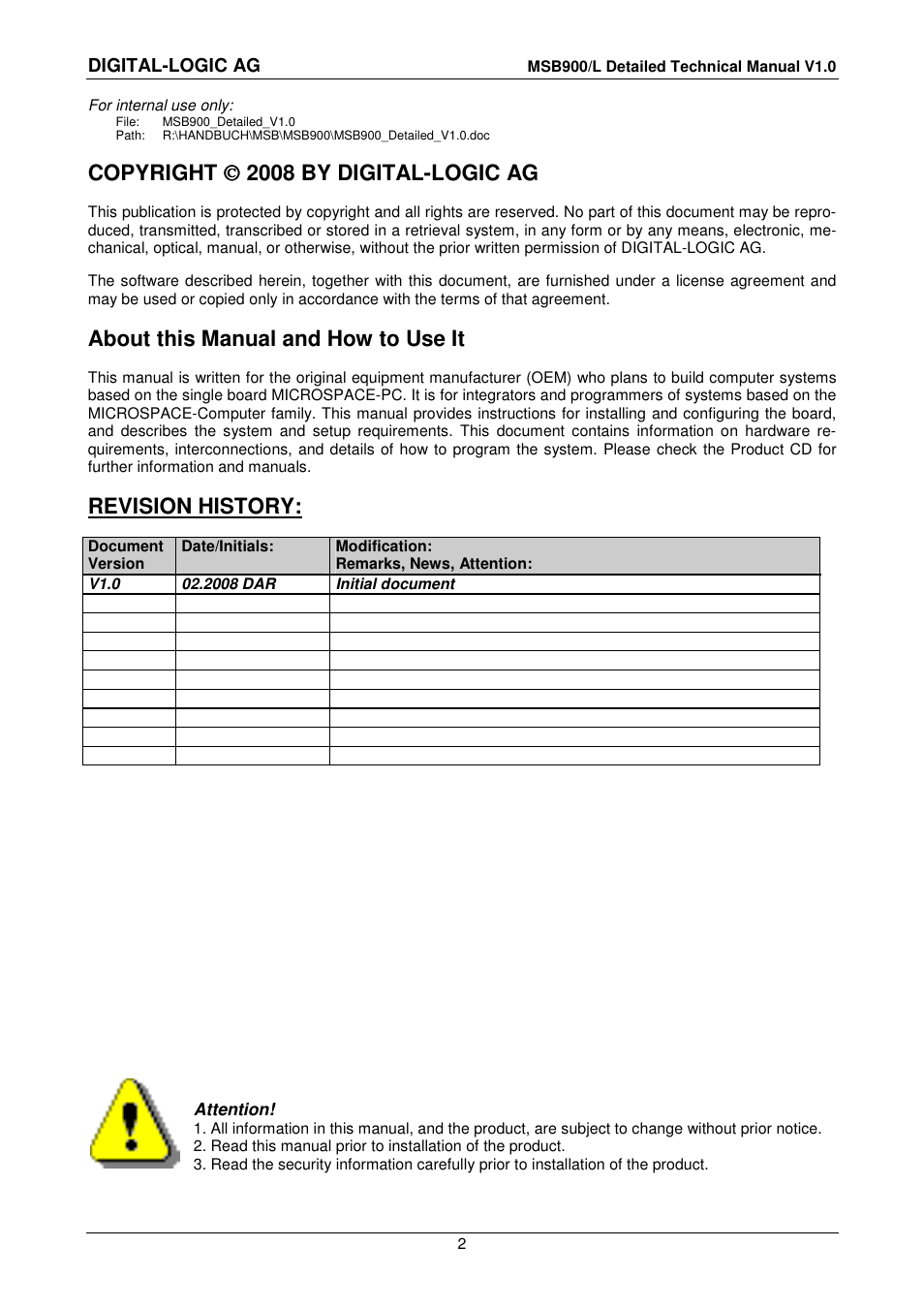 Copyright     2008 by digital-logic ag, About this manual and how to use it, Revision history | Compaq MSB900 User Manual | Page 2 / 66