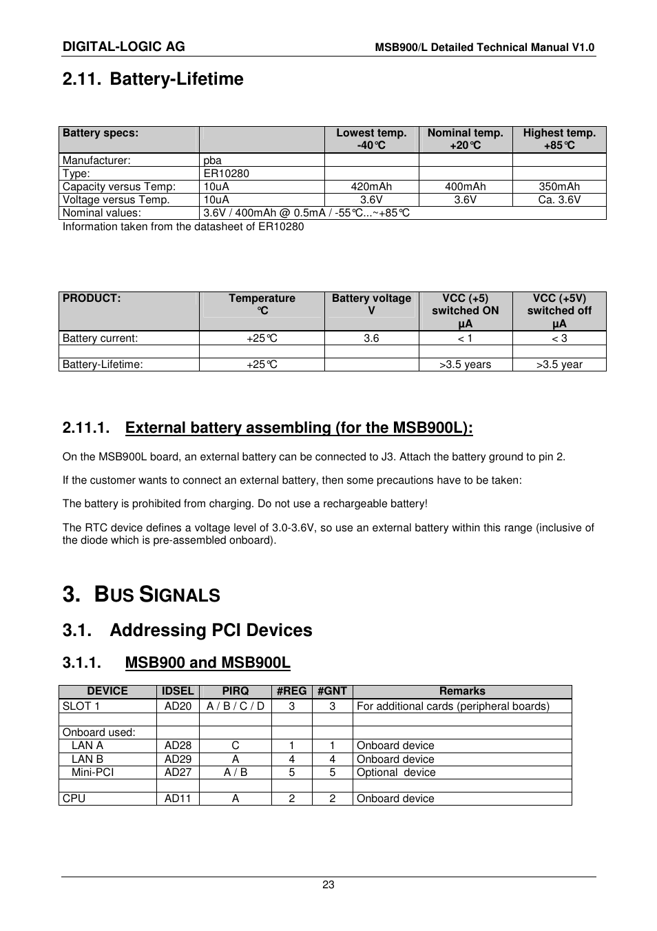 11 battery-lifetime, 1 external battery assembling (for the msb900l), 3 bus signals | 1 addressing pci devices, 1 msb900 and msb900l, Battery-lifetime, External battery assembling (for the msb900l), Bus signals, Addressing pci devices, Msb900 and msb900l | Compaq MSB900 User Manual | Page 23 / 66