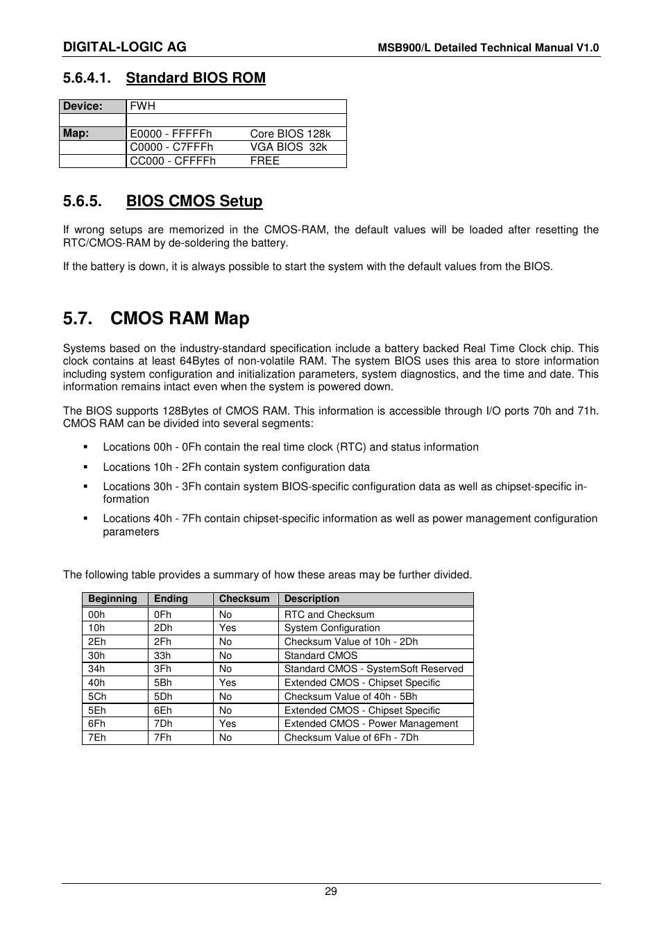 1 standard bios rom, 5 bios cmos setup, 7 cmos ram map | Bios cmos setup, Cmos ram map, Standard bios rom, Digital-logic ag | Compaq MSB900 User Manual | Page 29 / 66