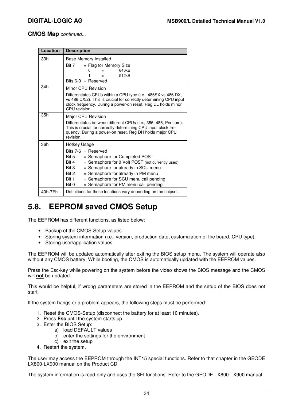 8 eeprom saved cmos setup, Eeprom saved cmos setup, Digital-logic ag | Cmos map | Compaq MSB900 User Manual | Page 34 / 66