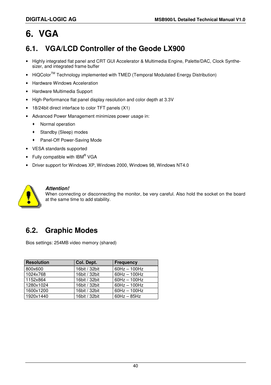 6 vga, 1 vga/lcd controller of the geode lx900, 2 graphic modes | Vga/lcd controller of the geode lx900, Graphic modes | Compaq MSB900 User Manual | Page 40 / 66