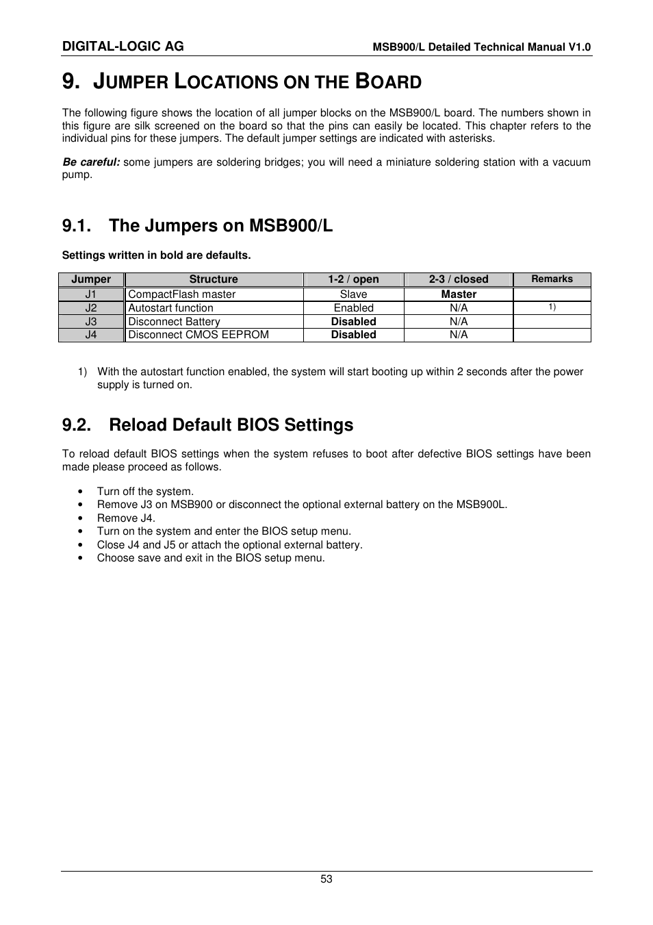 9 jumper locations on the board, 1 the jumpers on msb900/l, 2 reload default bios settings | Jumper locations on the board, The jumpers on msb900/l, Reload default bios settings, Umper, Ocations on the, Oard | Compaq MSB900 User Manual | Page 53 / 66