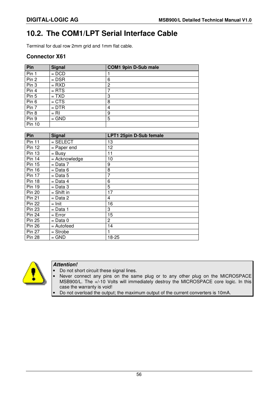 2 the com1/lpt serial interface cable, The com1/lpt serial interface cable, Digital-logic ag | Connector x61 | Compaq MSB900 User Manual | Page 56 / 66