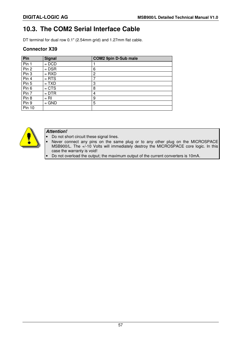 3 the com2 serial interface cable, The com2 serial interface cable, Digital-logic ag | Connector x39 | Compaq MSB900 User Manual | Page 57 / 66