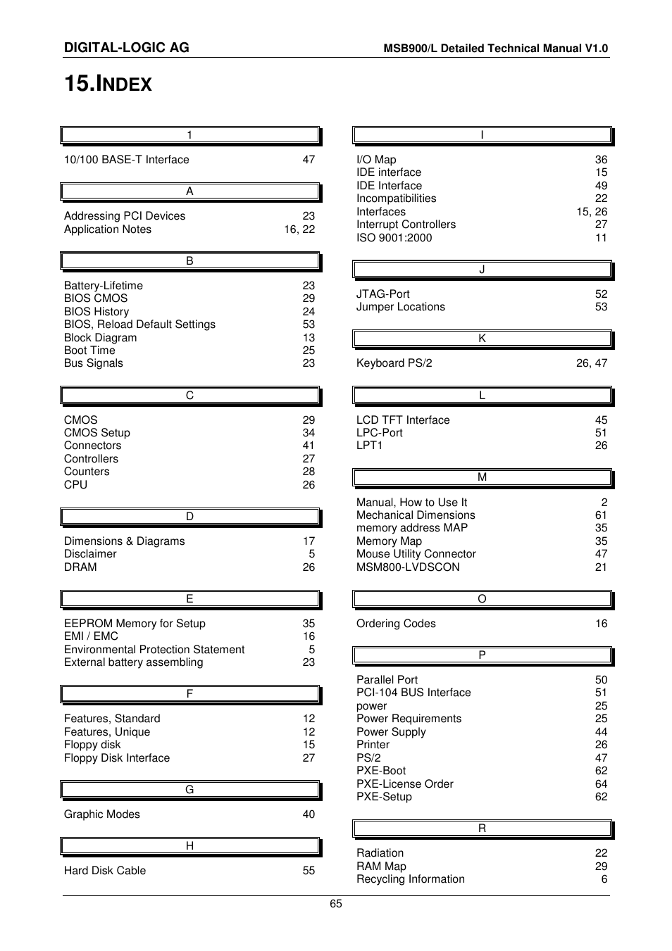 15 index, Index, Ndex | Digital-logic ag | Compaq MSB900 User Manual | Page 65 / 66