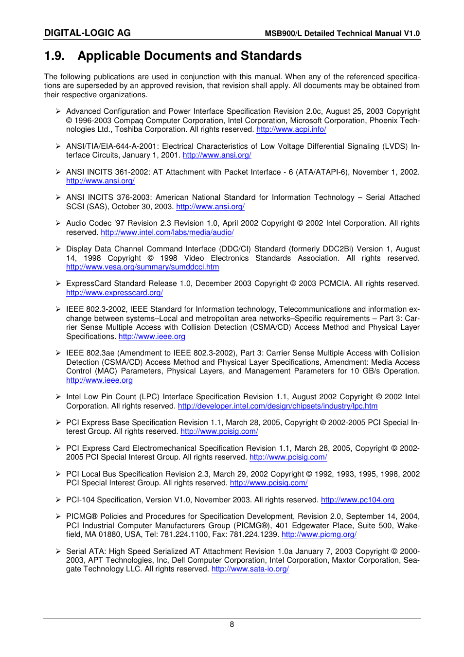 9 applicable documents and standards, Applicable documents and standards, Digital-logic ag | Compaq MSB900 User Manual | Page 8 / 66