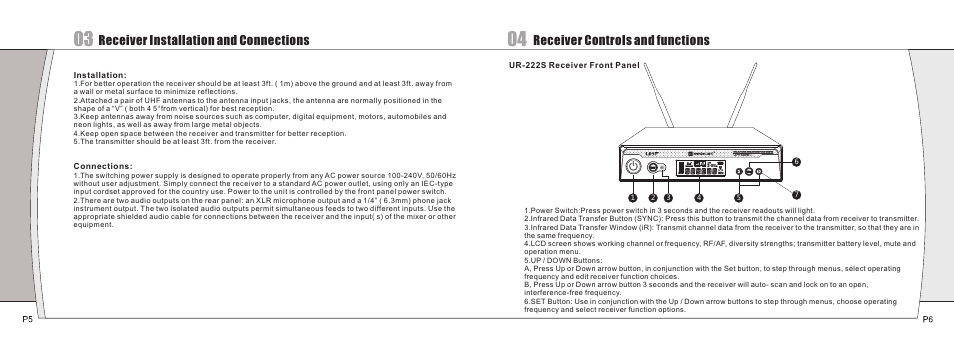 Receiver installation and connections, Receiver controls and functions | Relacart Electronics UR-222S User Manual | Page 4 / 10