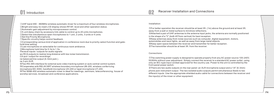 Introduction, Receiver installation and connections | Relacart Electronics WAM-400 User Manual | Page 3 / 14