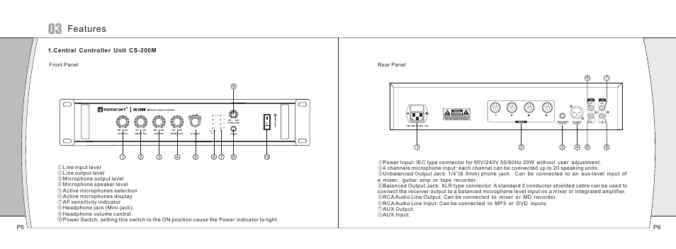 Features, P5 p6, Central controller unit cs-200m | Relacart Electronics CS-200 User Manual | Page 4 / 8