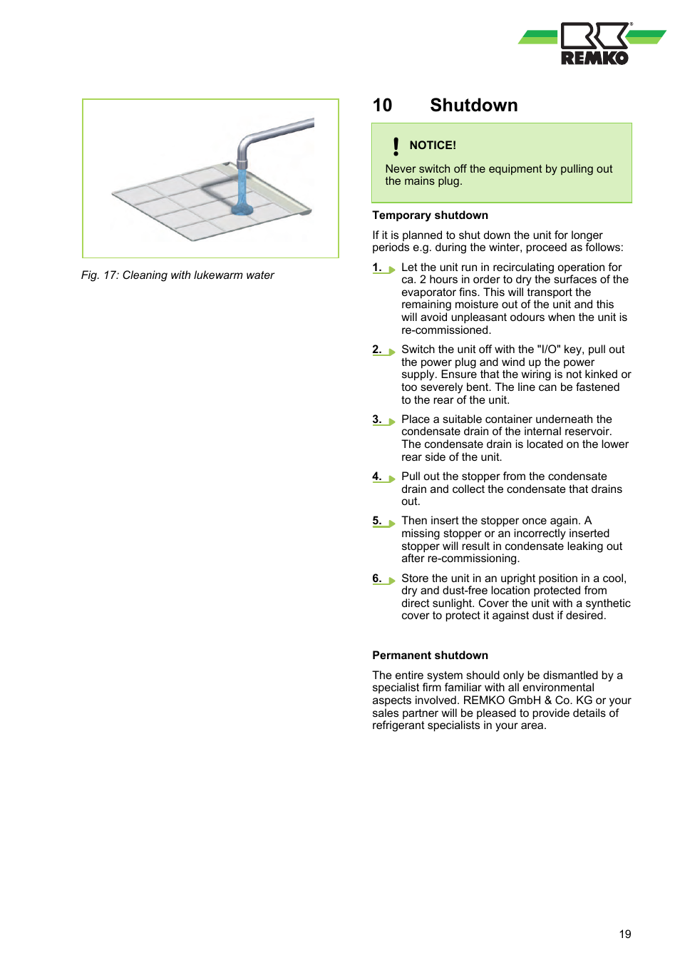 10 shutdown, Shutdown | REMKO RKL 300 User Manual | Page 19 / 28