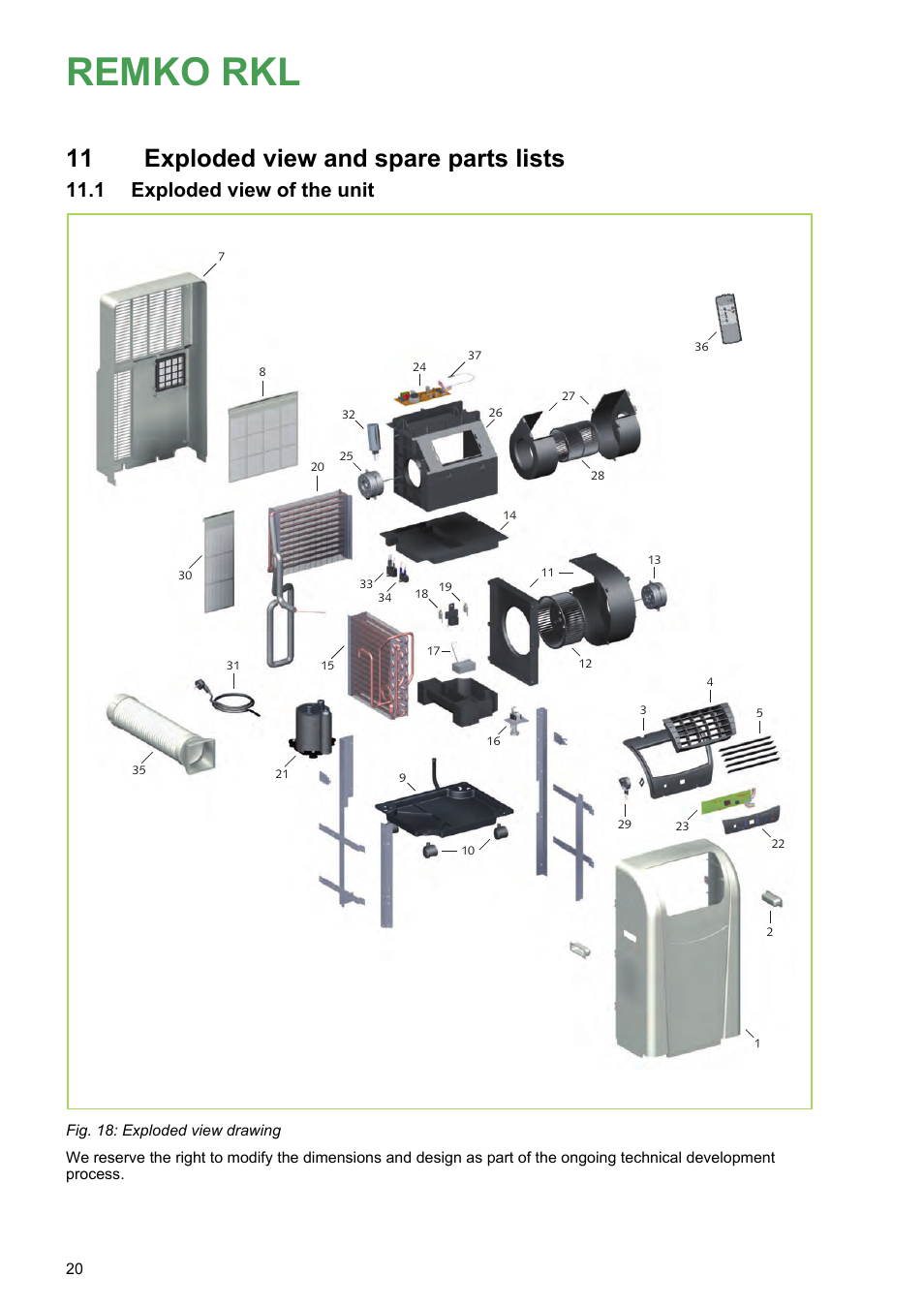 11 exploded view and spare parts lists, 1 exploded view of the unit, Remko rkl | REMKO RKL 300 User Manual | Page 20 / 28