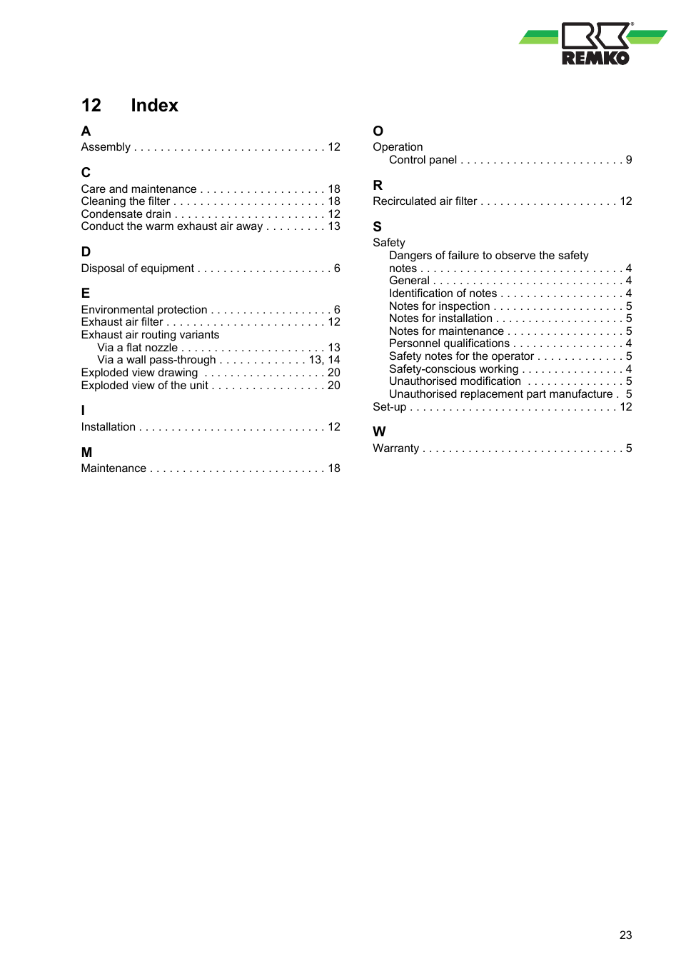 12 index, Index | REMKO RKL 300 User Manual | Page 23 / 28