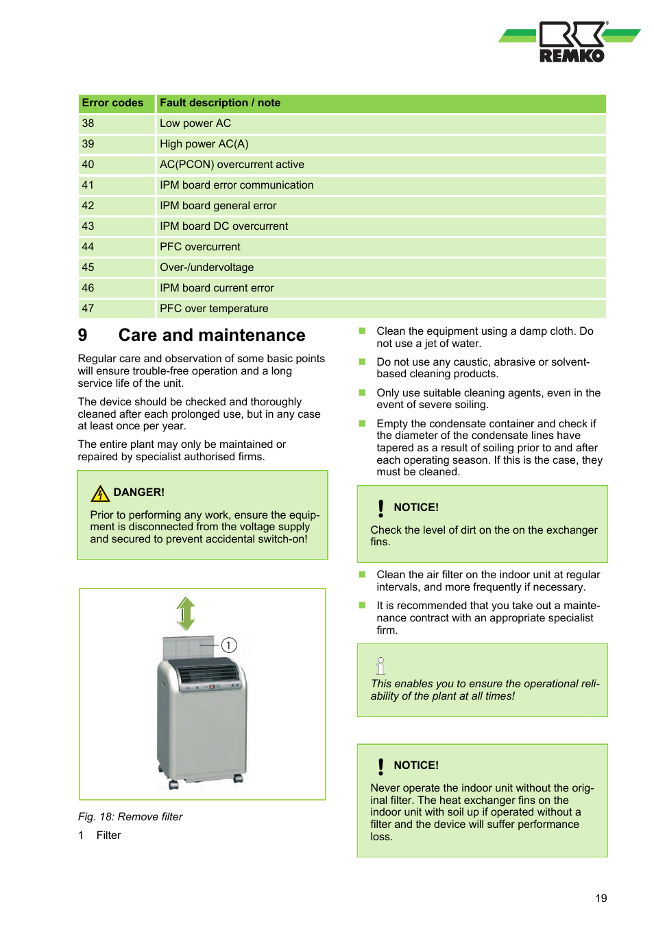9 care and maintenance, Care and maintenance | REMKO RKL 491 DC User Manual | Page 19 / 28