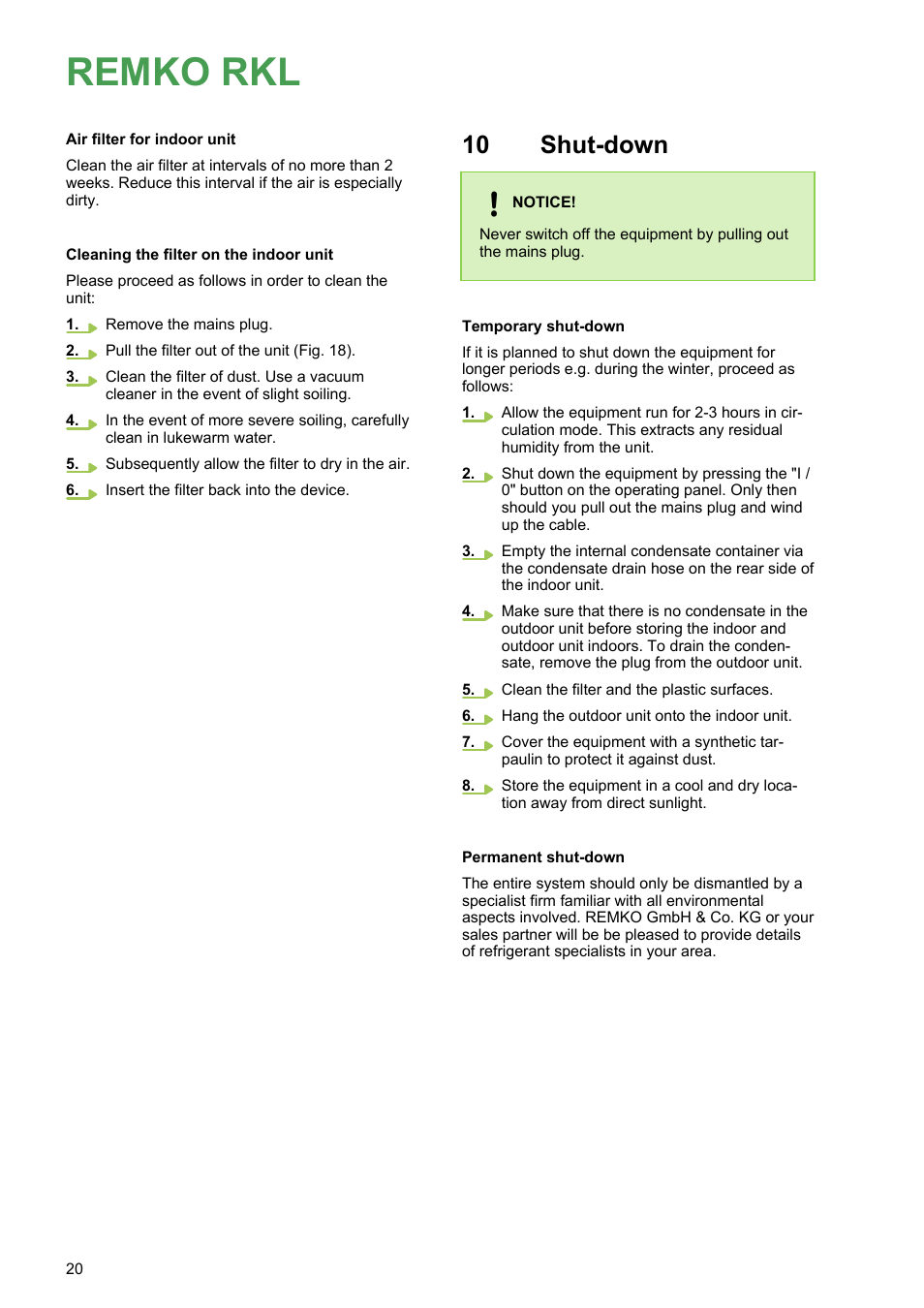 10 shut-down, Shut-down, Remko rkl | REMKO RKL 491 DC User Manual | Page 20 / 28