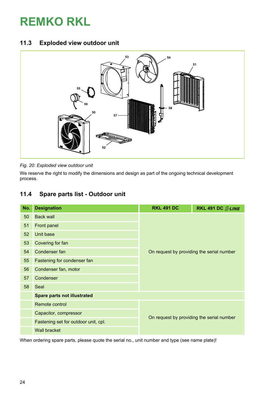 3 exploded view outdoor unit, 4 spare parts list - outdoor unit, Remko rkl | Exploded view outdoor unit, Spare parts list - outdoor unit | REMKO RKL 491 DC User Manual | Page 24 / 28