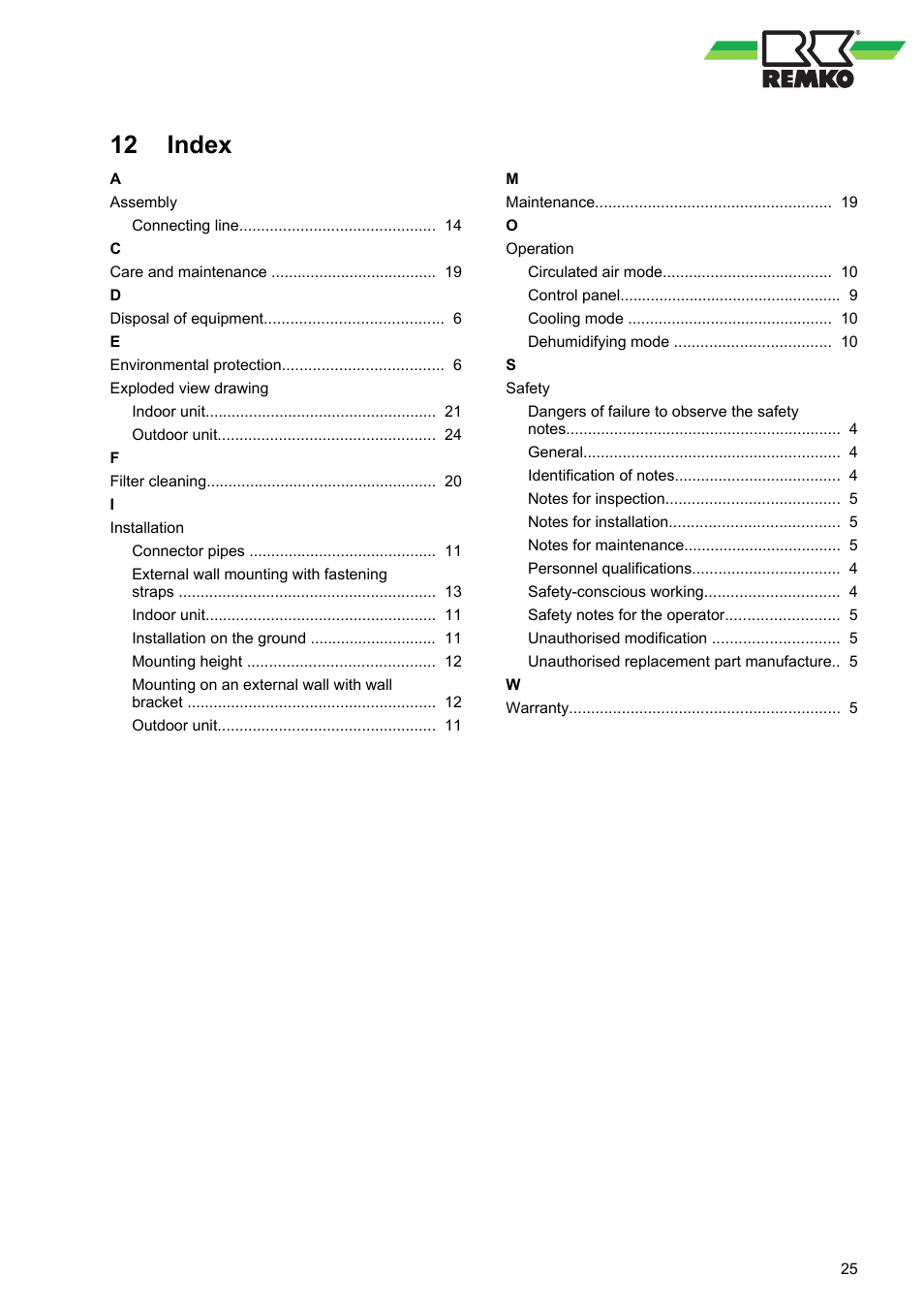 12 index, Index | REMKO RKL 491 DC User Manual | Page 25 / 28