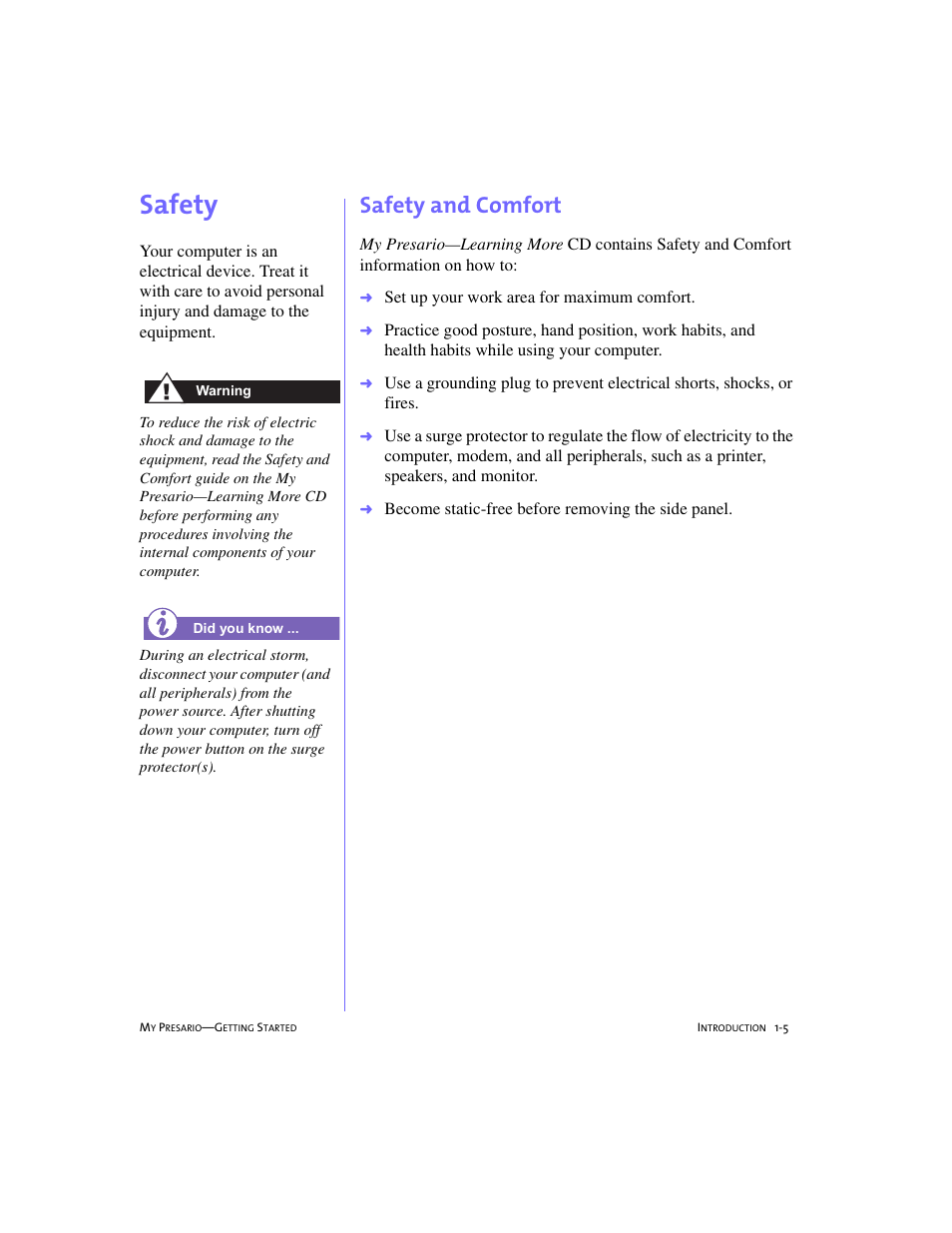 Safety, Safety and comfort, Safety -5 | Safety and comfort -5, Safety, 1-5 | Compaq 4103TH User Manual | Page 12 / 73