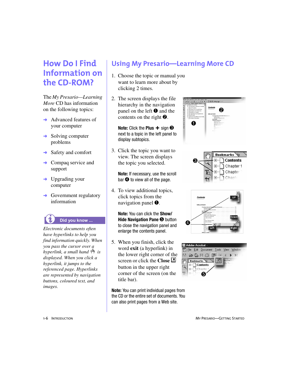 How do i find information on the cdrom, Using my presario—learning more cd, How do i find information on the cd-rom? -6 | Using my presario—learning more cd -6, How do i find information on the cd-rom?, 1-6, How do i find information on the cd-rom | Compaq 4103TH User Manual | Page 13 / 73