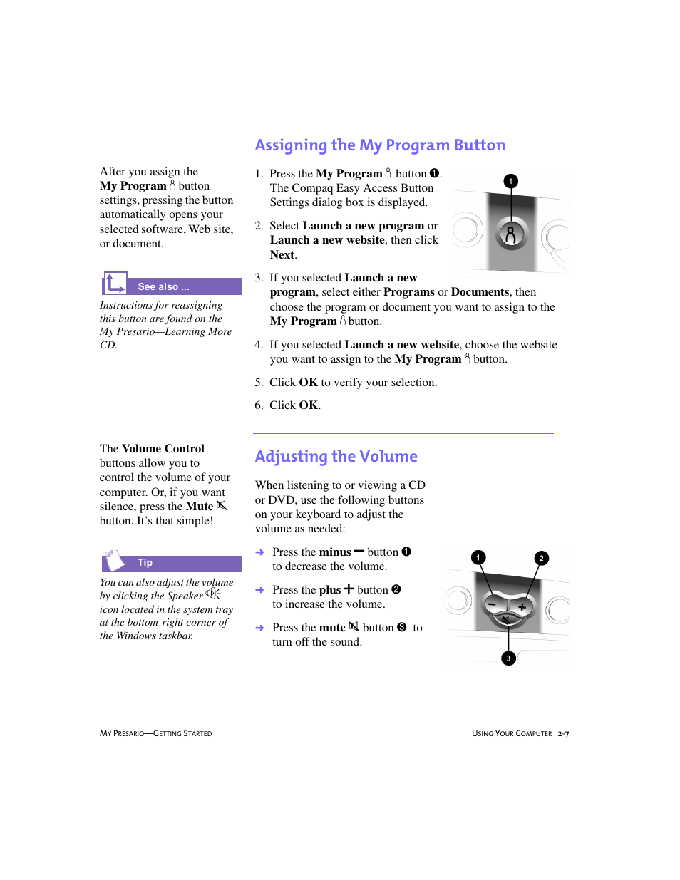 Assigning the my program button, Adjusting the volume, Assigning the my program button -7 | Adjusting the volume -7 | Compaq 4103TH User Manual | Page 20 / 73