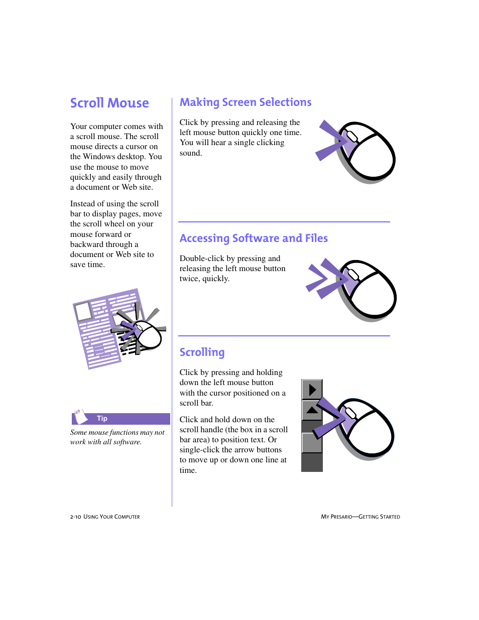 Scroll mouse, Making screen selections, Accessing software and files | Scrolling, Scroll mouse -10, Making screen selections -10, Accessing software and files -10, Scrolling -10, Scroll mouse, 2-10 | Compaq 4103TH User Manual | Page 23 / 73